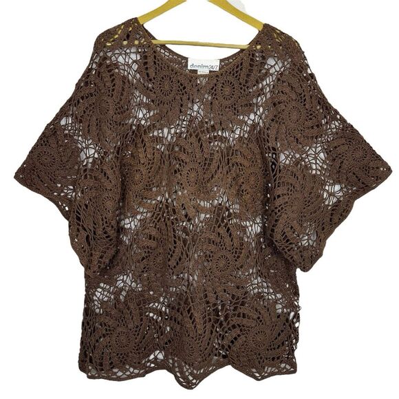 Denim 24/7 Brown Crochet Sweater Short Sleeve Open Knit Size L Cottage Coastal - Picture 1 of 4